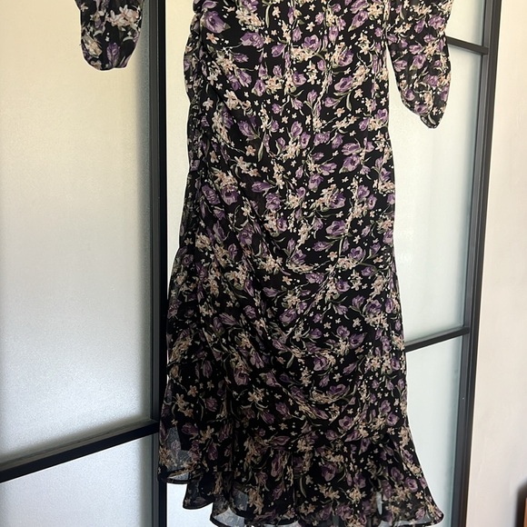 ASTR RUCHED SWEETHEART 3/4 SLEEVE ASYMMETRICAL BLACK PURPLE DITSY DRESS - Picture 7 of 7